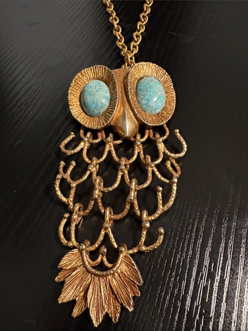 Vintage Signed Erwin Pearl Owl Statement Necklace | Turquoise Cabochon Eyes